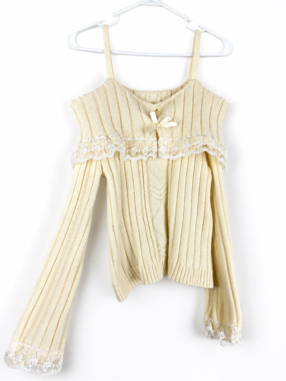 Coquette DIY Ribbed Lace Off the Shoulder Sweater Size Small